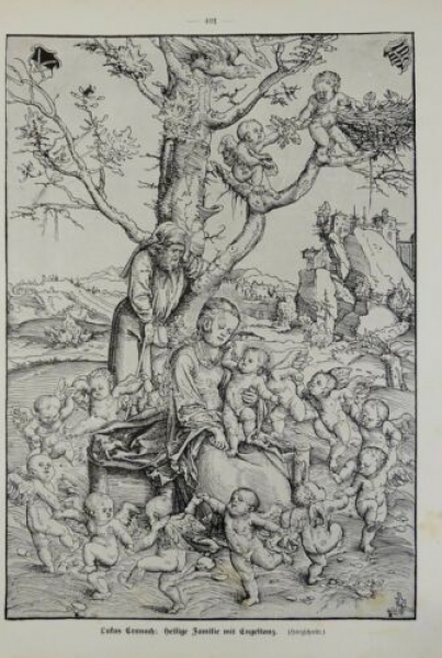 1917 - alter Druck - Lukas Cranach: Heilige Familie mit Engeltanz (Holzschnitt)